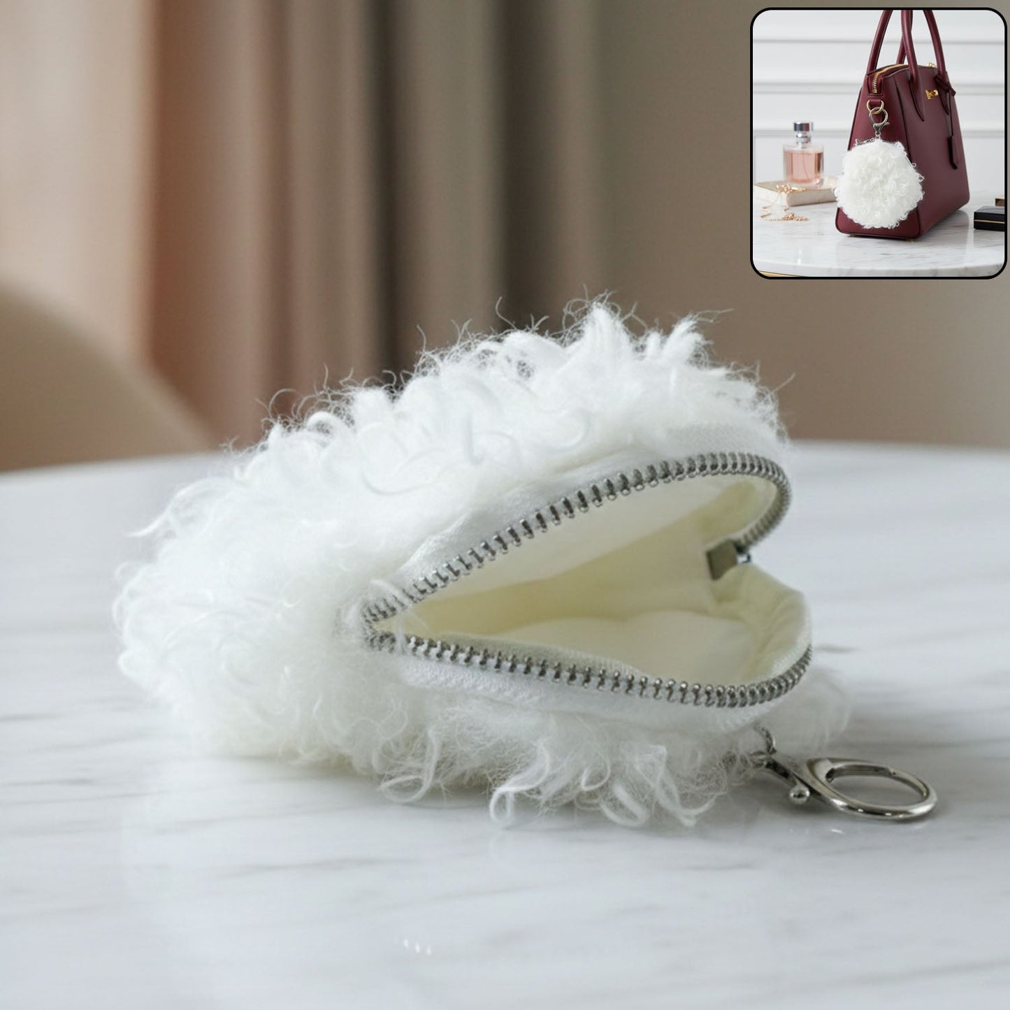 Soft fluffy mini coin purse close up