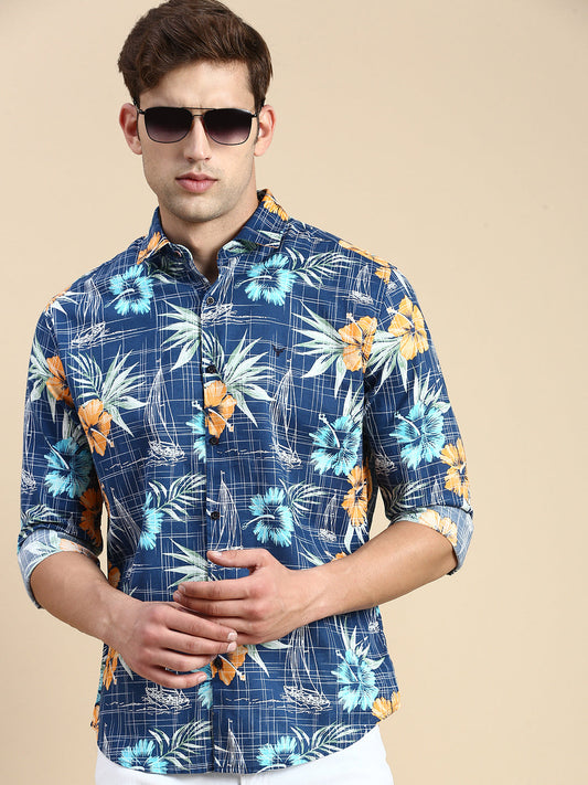 Men Teal Printed Casual Shirt