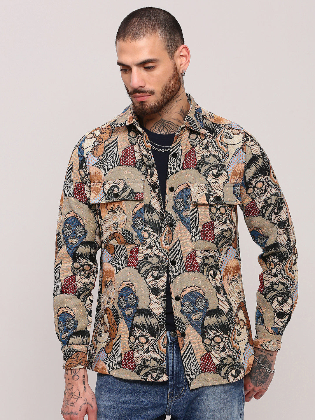 Men Beige Graphic Shacket