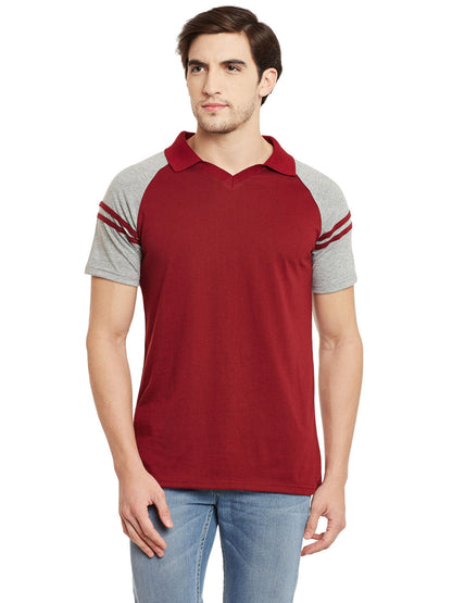 Maroon/Grey Melange Polo Neck T-Shirt