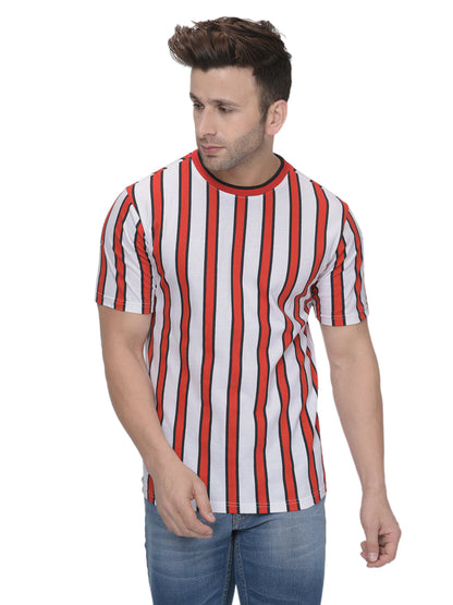 White/Red Half Sleeves Vertical Stripe Ringer T-Shirt