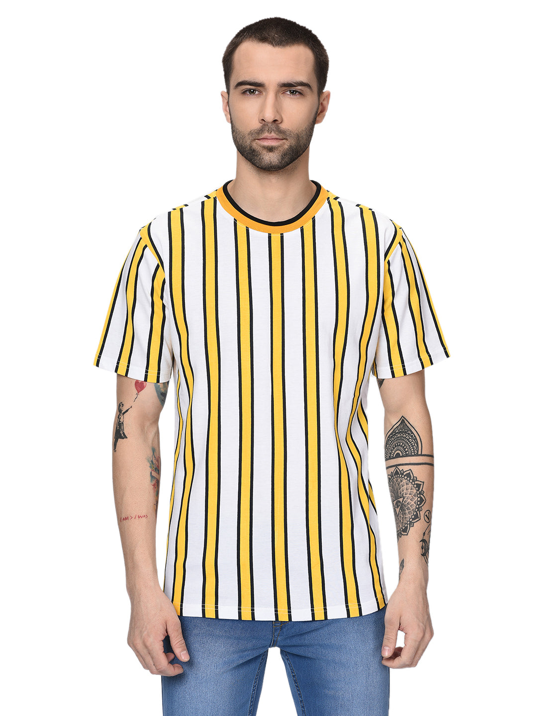 White/Yellow Half Sleeves Vertical Stripe Ringer T-Shirt