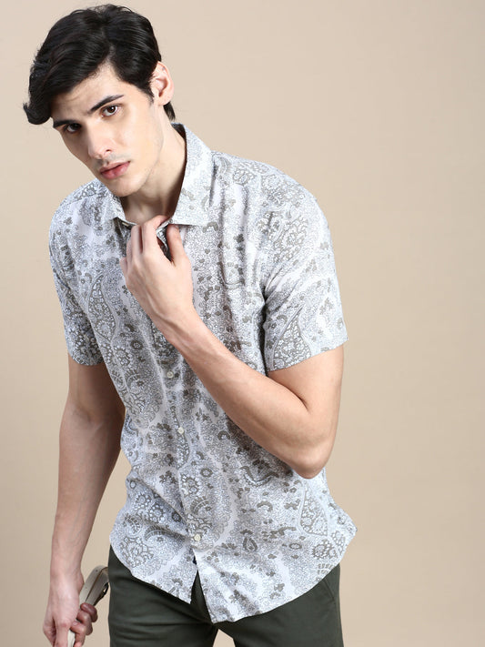 Men Cream Floral Casual Shirt