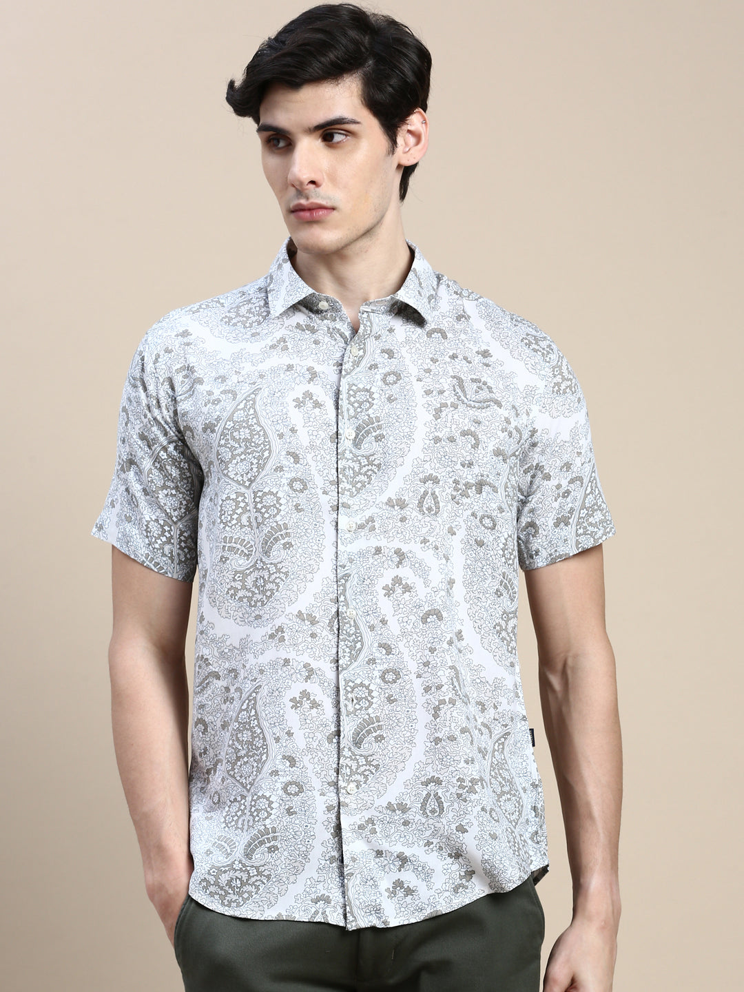 Men Cream Floral Casual Shirt