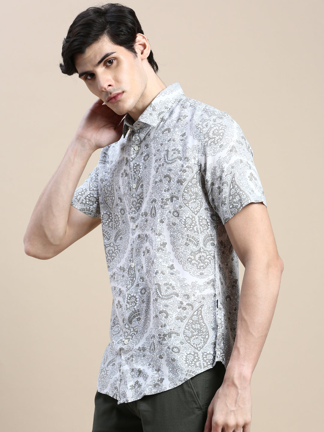 Men Cream Floral Casual Shirt