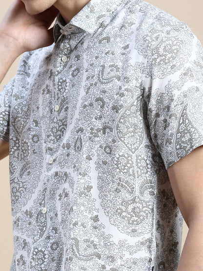 Men Cream Floral Casual Shirt