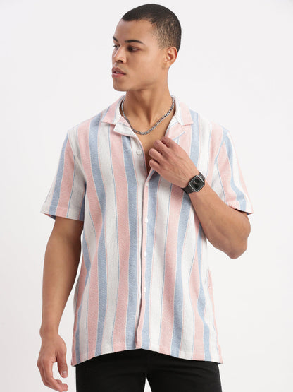 Men Cuban Collar Vertical Stripes White Shirt