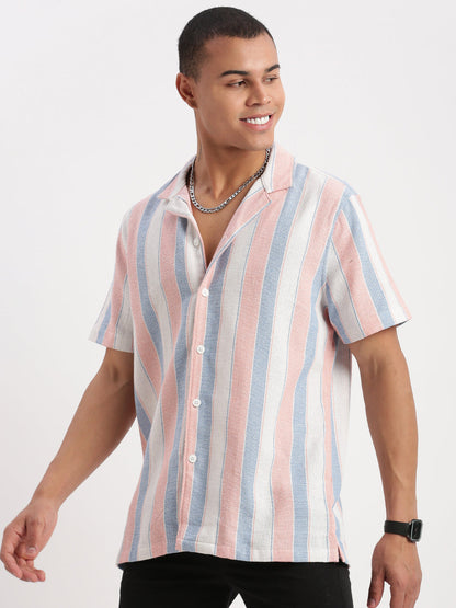 Men Cuban Collar Vertical Stripes White Shirt