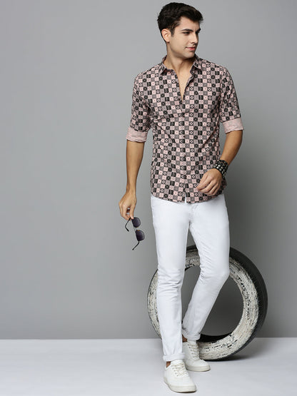 Men Peach Printed Casual Shirt