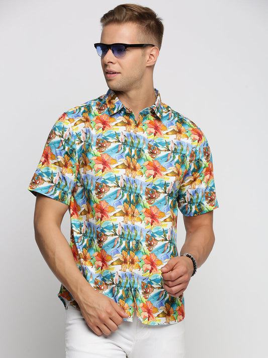 Men Blue Spread Collar Floral Shirt