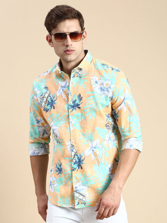 Men Orange Printed Casual Shirt