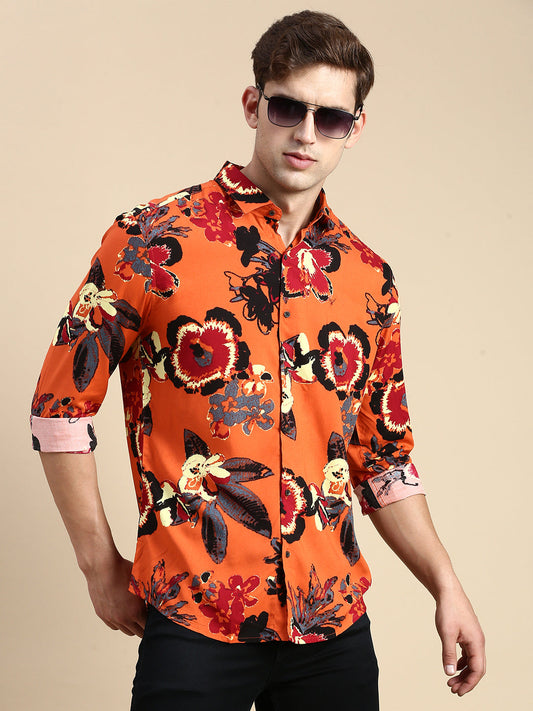 Men Rust Printed Casual Shirt