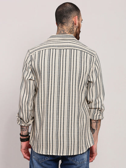 Men Cream Striped Shacket