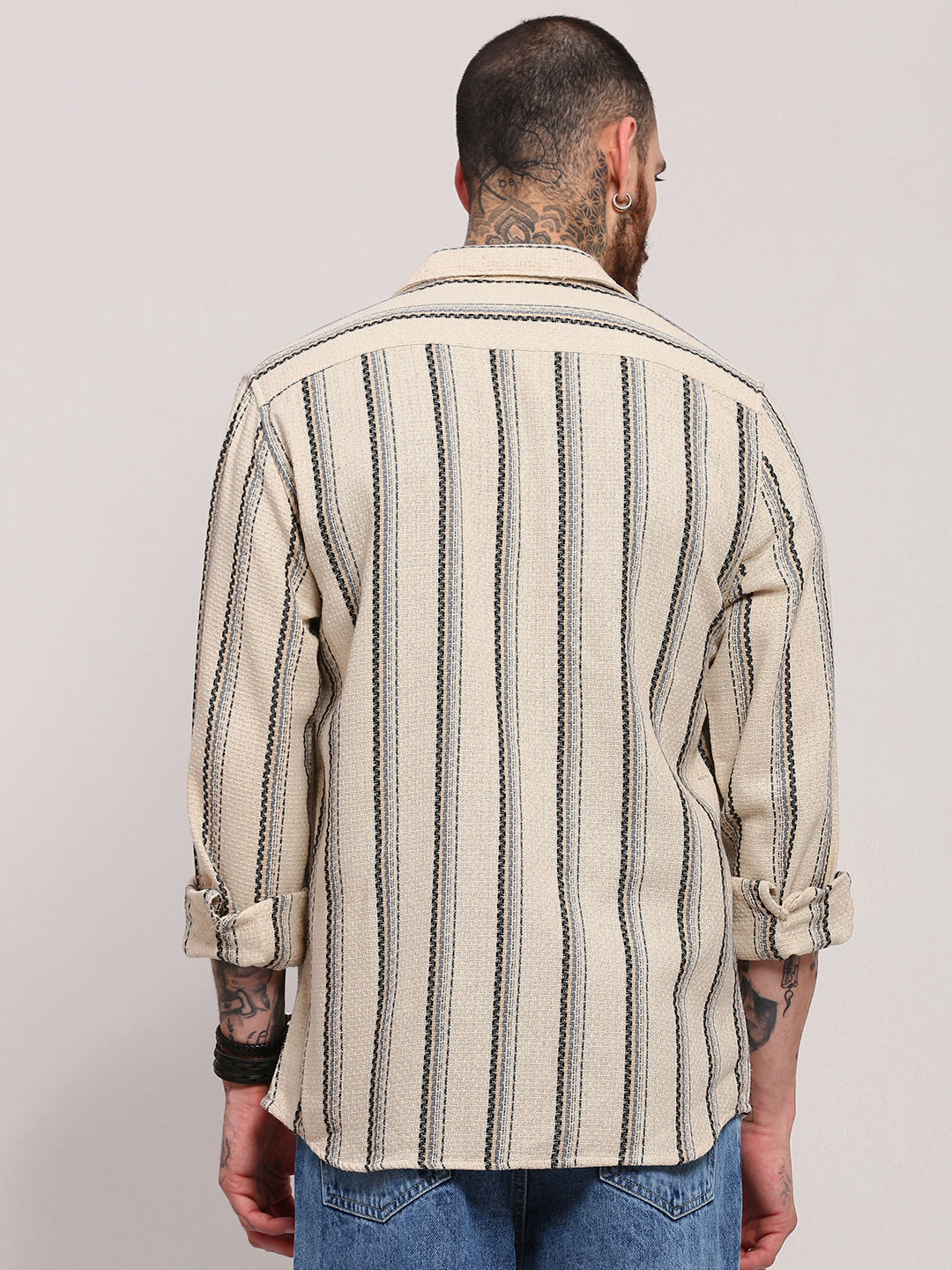 Men Cream Striped Shacket