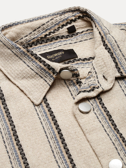 Men Cream Striped Shacket