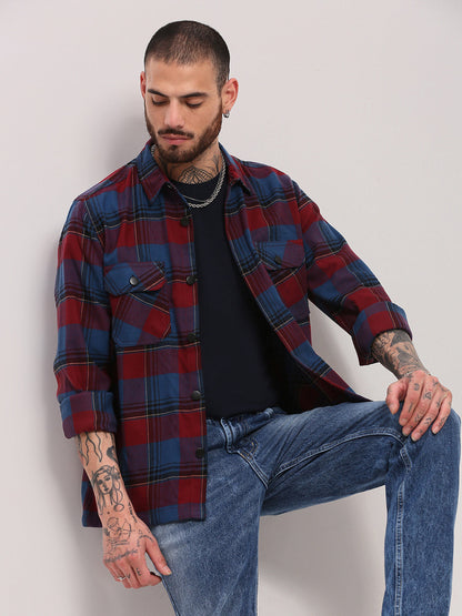 Men Red Checked Shacket