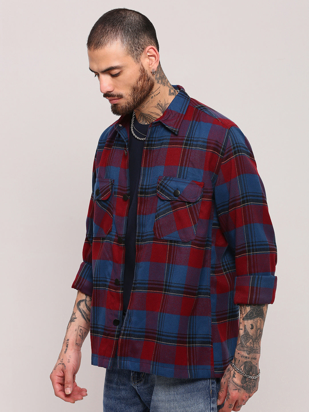 Men Red Checked Shacket