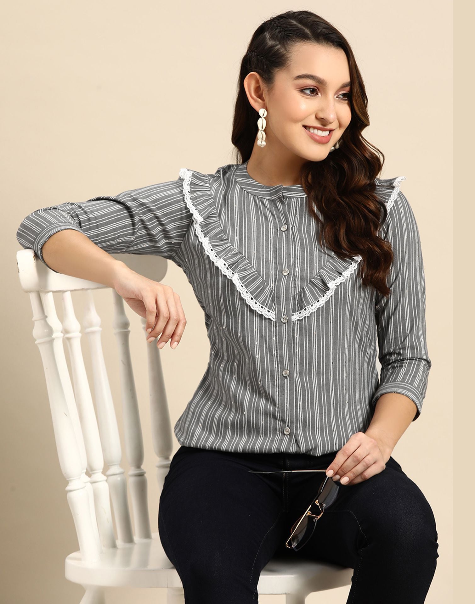 Grey Cotton Striped Shirt 