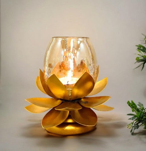 Kraphy Crystal Crackle Gold Plated Candle Holder Tealight Stand 