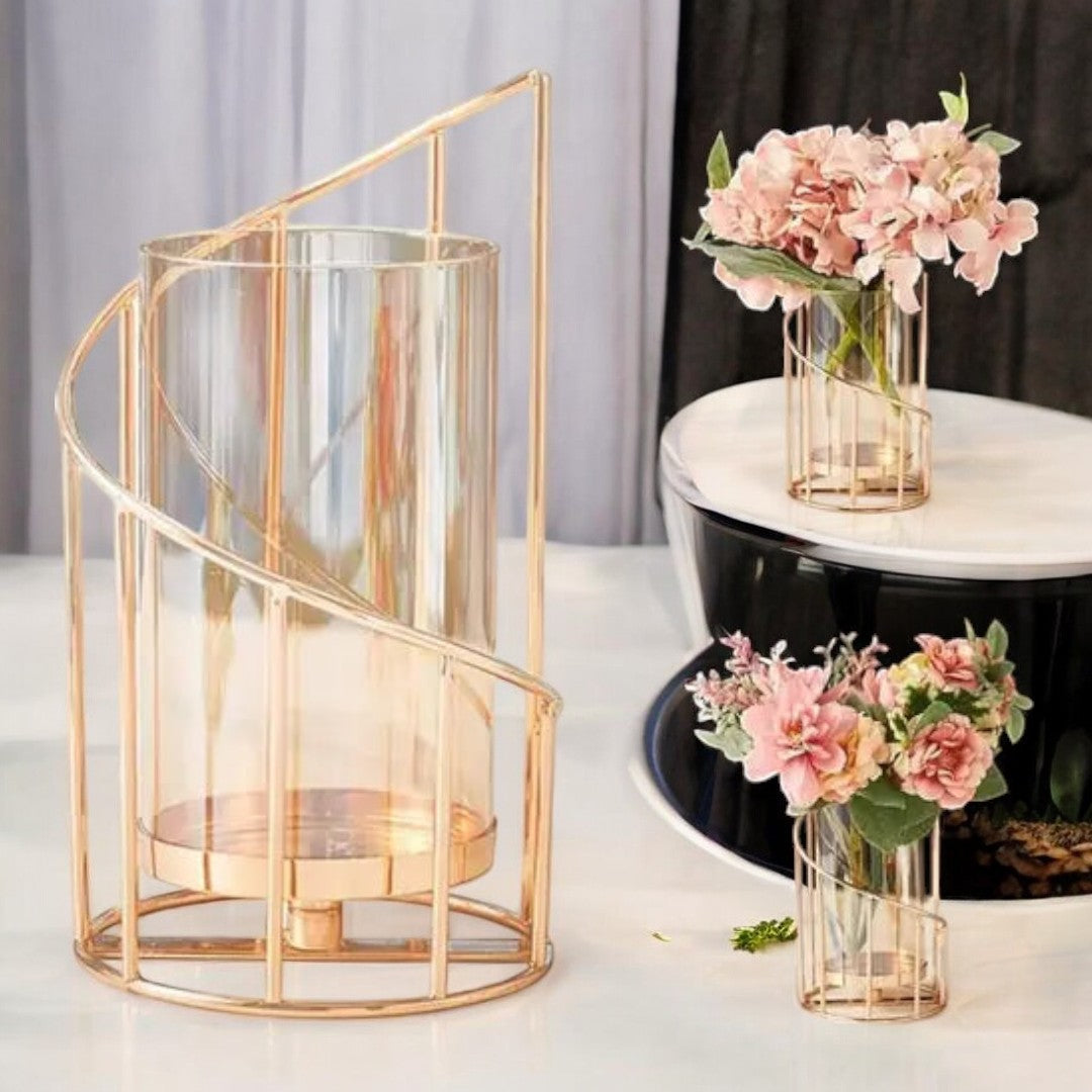 Kraphy Metal Geometric Designer Gold Pillar Flower Vase with Removable Glass (Pack of 1) 