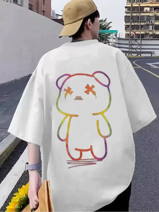 Lecowar PolyCotton White Oversized Three-Quarter Sleeves Printed Tshirts simsim