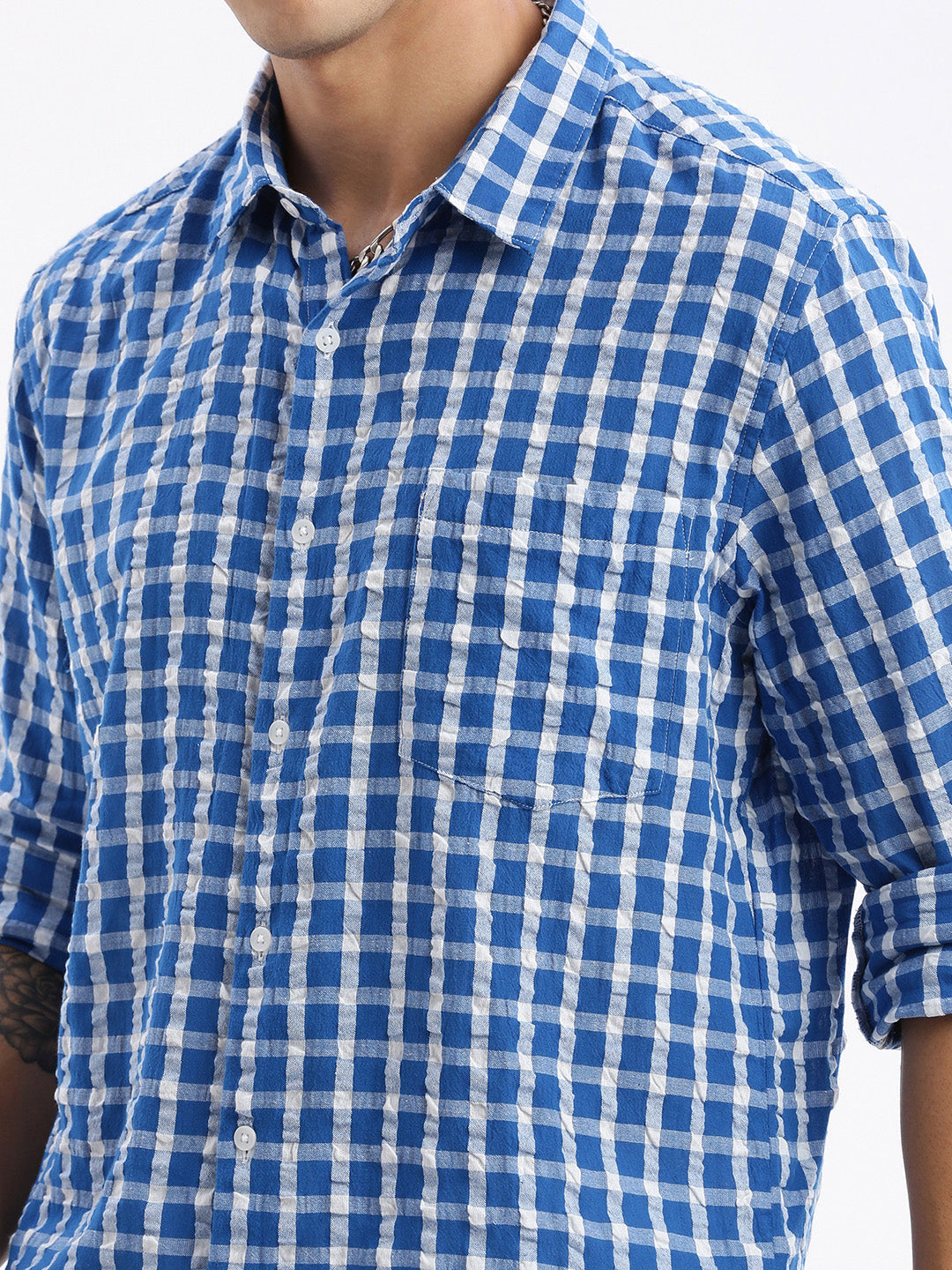 Men Spread Collar Checked Slim Fit Blue Shirt