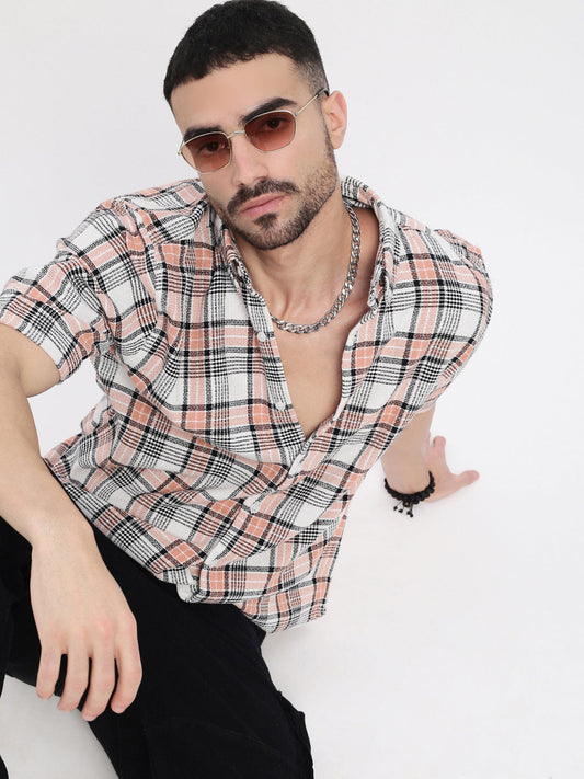 Men Peach Checked Slim Fit Shirt