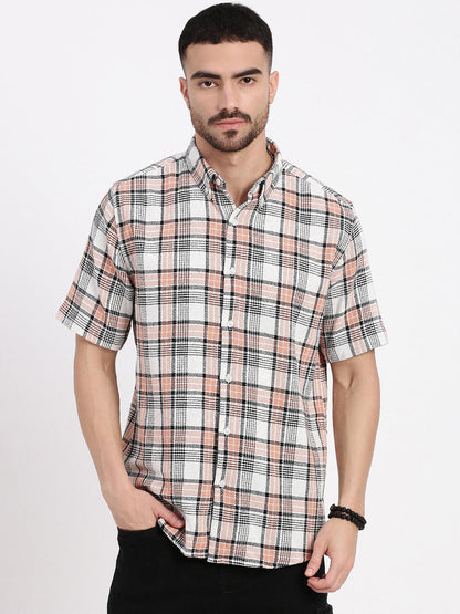 Men Peach Checked Slim Fit Shirt