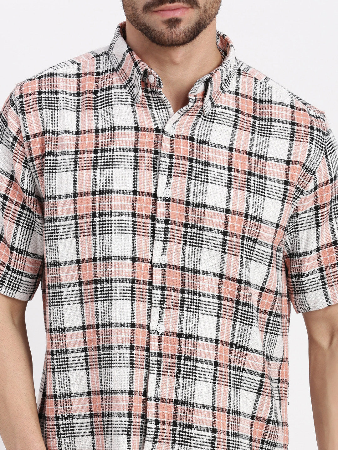 Men Peach Checked Slim Fit Shirt