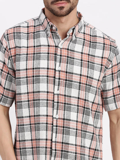 Men Peach Checked Slim Fit Shirt