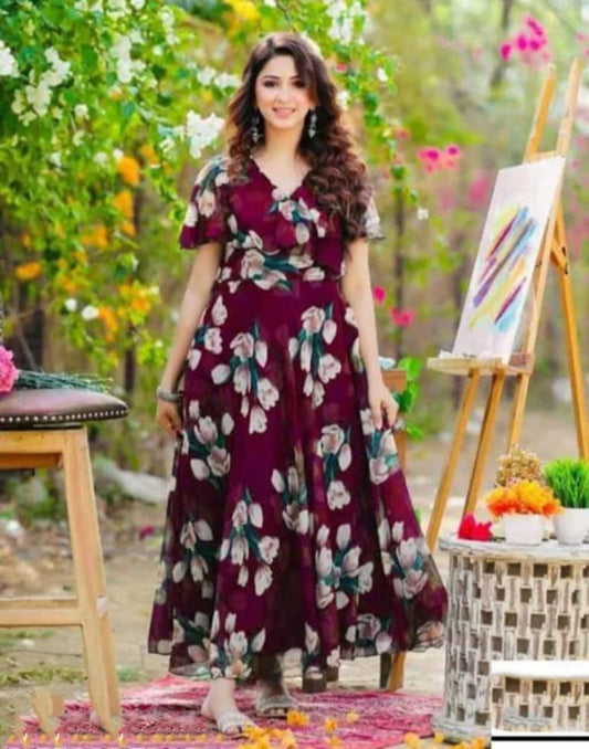 Maroon Printed Georgette Flared Dress