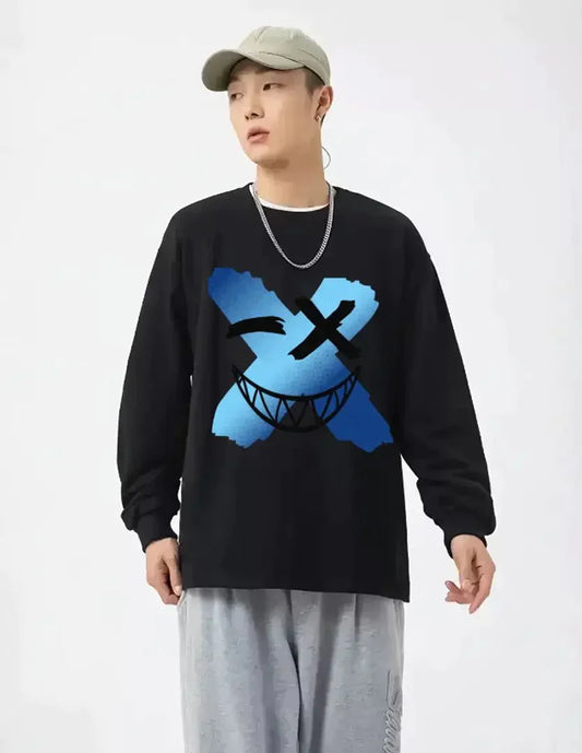 Men Cotton Black Full Sleeve Oversized Graphic Printed T Shirt simsim