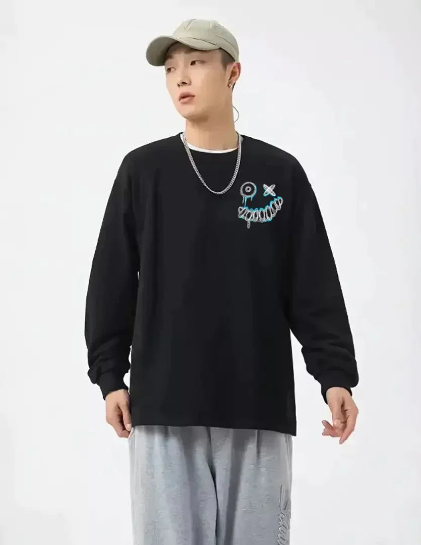 Men Cotton Black Full Sleeve Oversized Graphic Printed T Shirt 