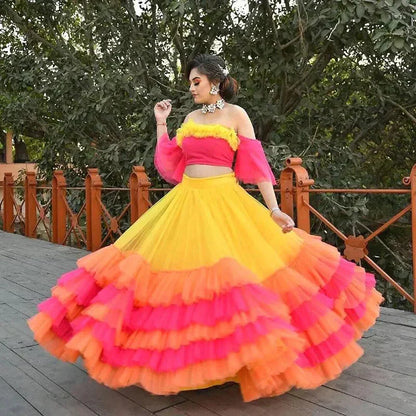 Multi color net material Ruffle Semi stitched Lehenga (Original Piece) simsim