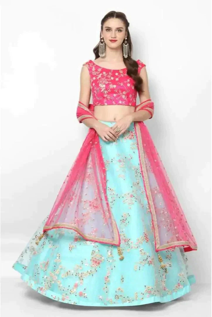 NV PATEL Women's Net Embroidered Sky Blue Moti Lehenga 3/4 Sleeve Sweetheart Neck Wedding::Casual::Party  Festive::Wedding  Festive Light Blue Lehenga Choli 