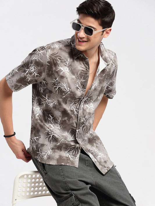 Men Spread Collar Floral Grey Casual Shirt