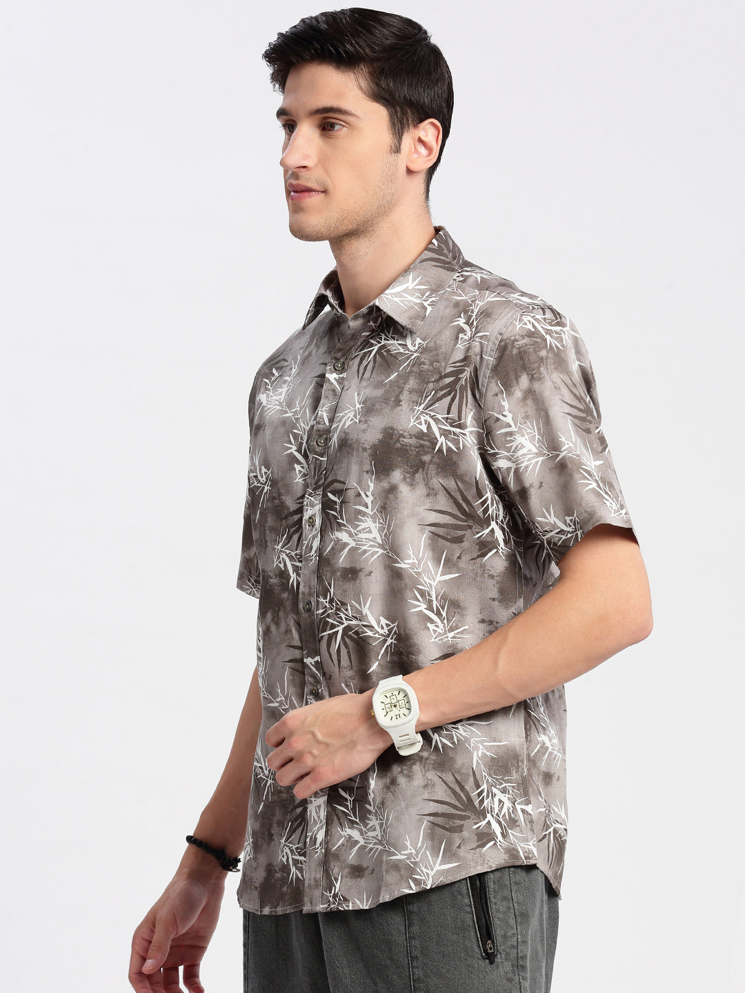 Men Spread Collar Floral Grey Casual Shirt