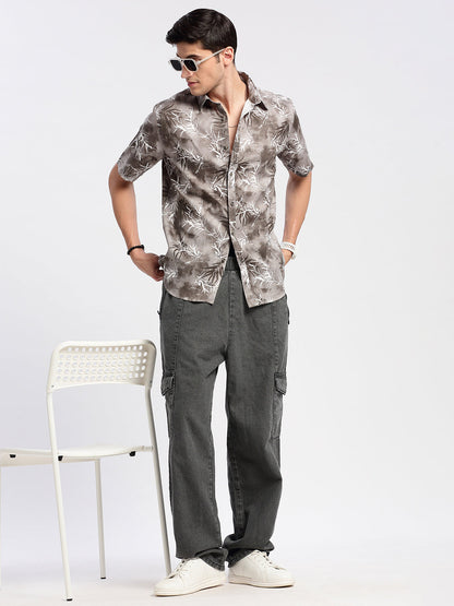 Men Spread Collar Floral Grey Casual Shirt