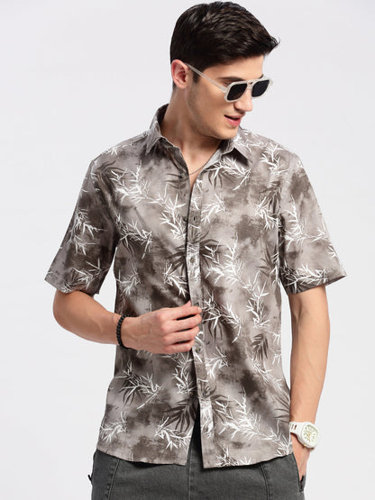 Men Spread Collar Floral Grey Casual Shirt