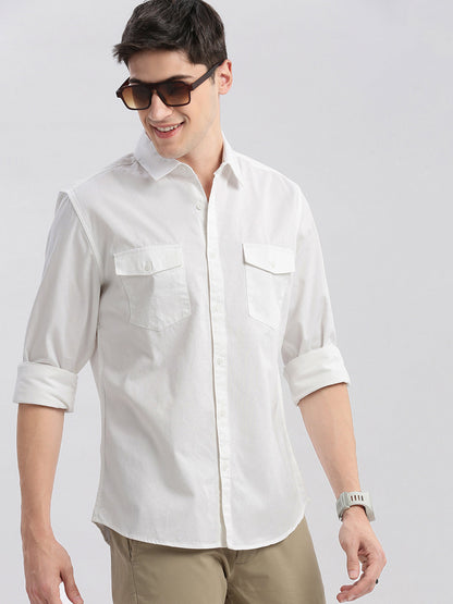 Men Spread Collar Solid White Shirt