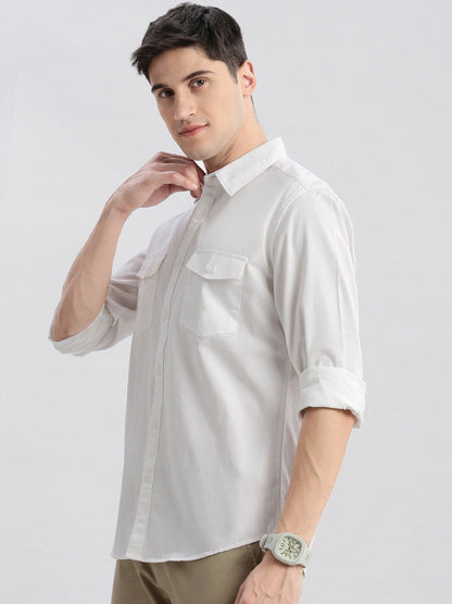 Men Spread Collar Solid White Shirt