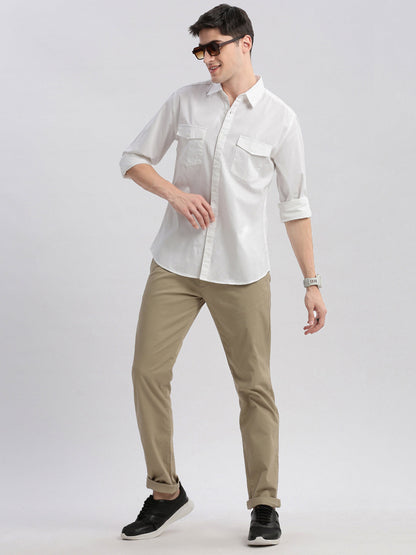 Men Spread Collar Solid White Shirt