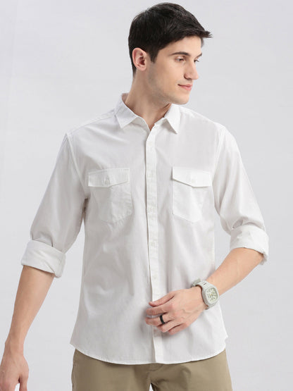 Men Spread Collar Solid White Shirt