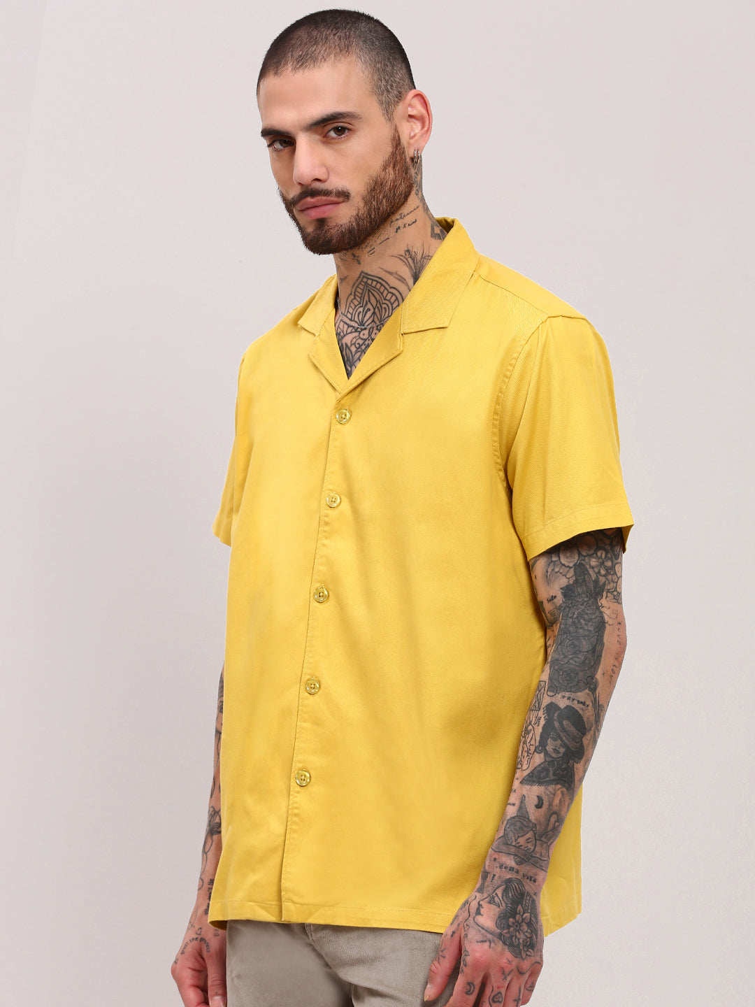 Men Yellow Solid Cuban Collar Shirt