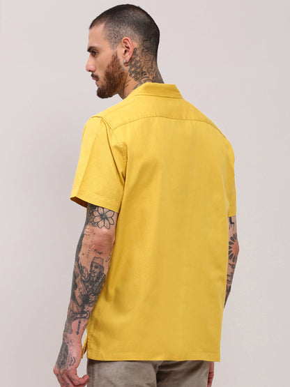 Men Yellow Solid Cuban Collar Shirt