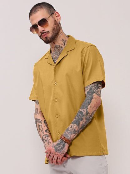 Men Mustard Solid Cuban Collar Shirt