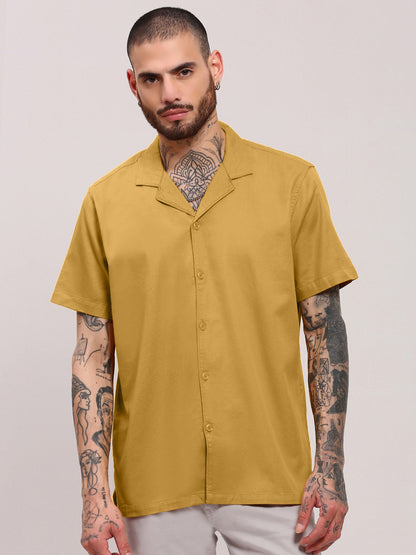 Men Mustard Solid Cuban Collar Shirt