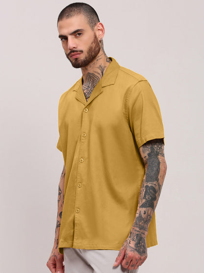 Men Mustard Solid Cuban Collar Shirt