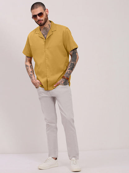 Men Mustard Solid Cuban Collar Shirt