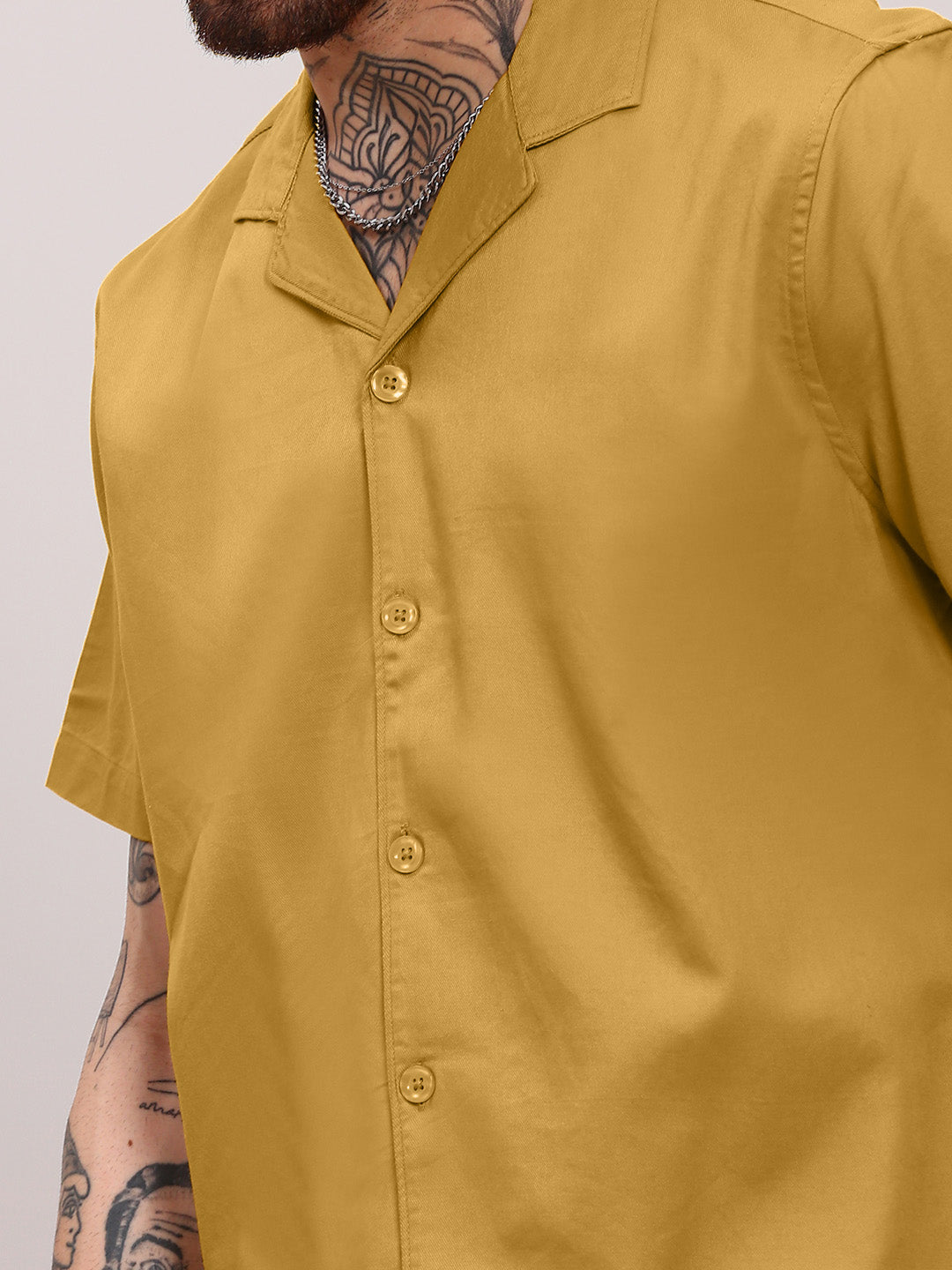 Men Mustard Solid Cuban Collar Shirt